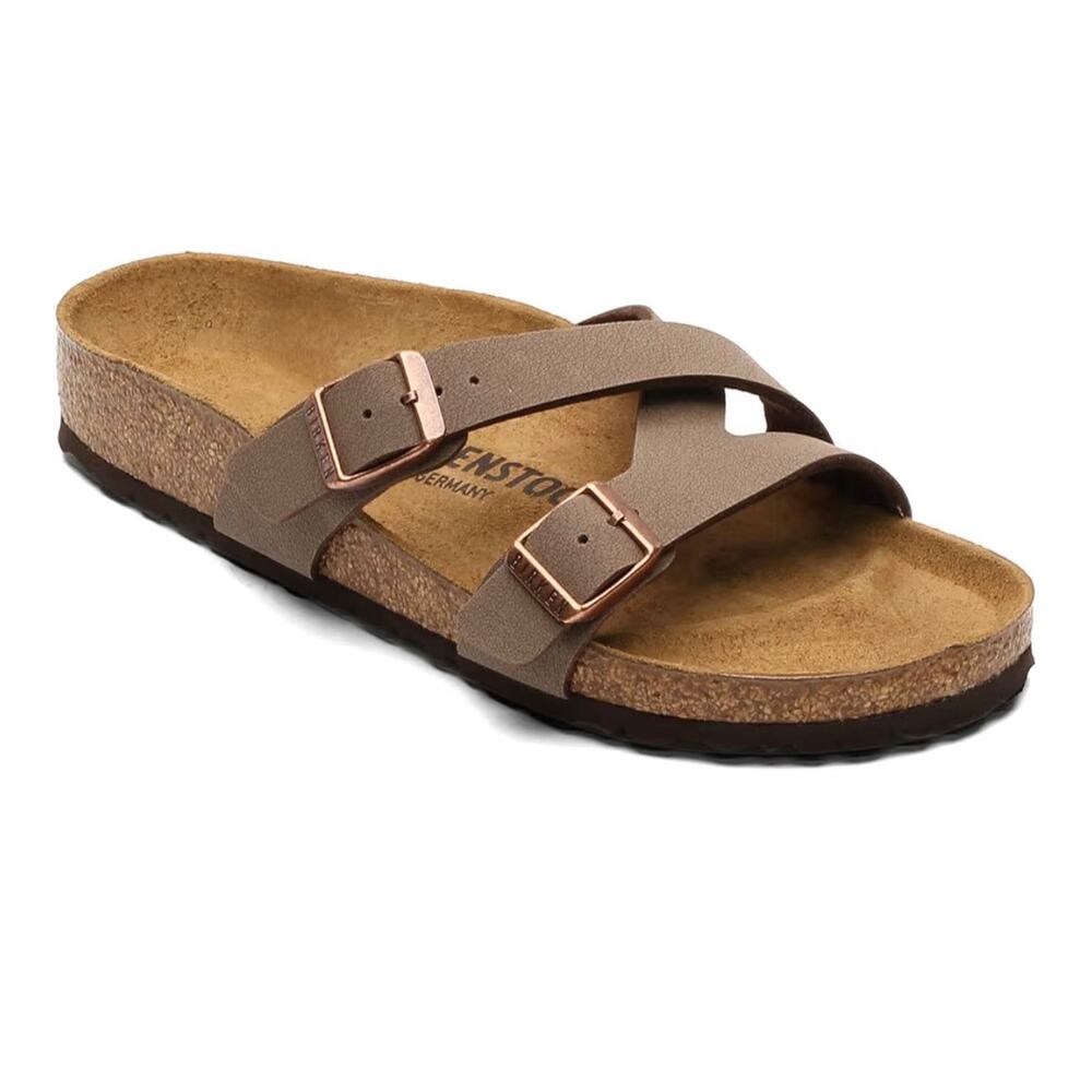 Birkenstock Taupe Double-Buckle Slide Sandals with Rose Gold Buckles